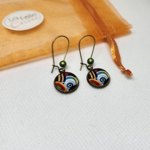 Boucles d'oreilles bronze pendantes cabochon verre motif circulaire coloré
