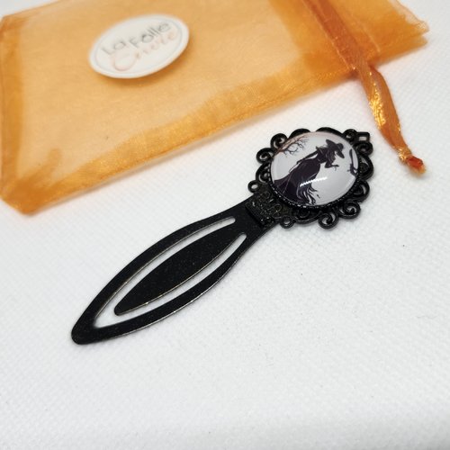 Marque-page métal cabochon verre motif sorcière noir et blanc