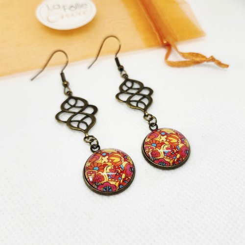 Boucles d'oreilles pendantes avec breloque cabochon verre  motif fleuri vintage