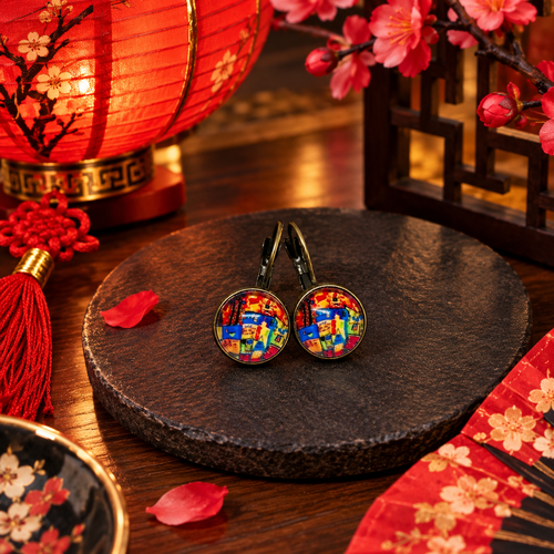 Boucles d'oreilles dormeuses cabochon verre esprit motif abstrait coloré