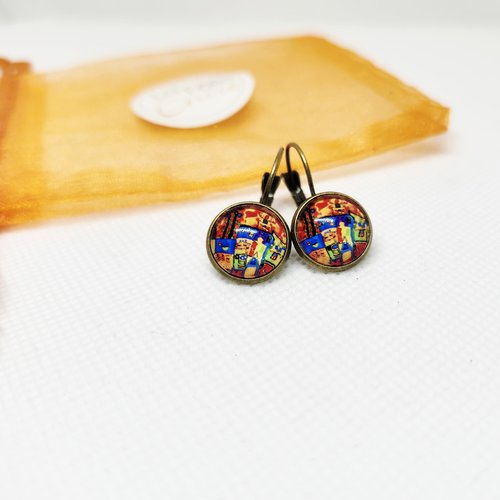 Boucles d'oreilles dormeuses cabochon verre esprit motif abstrait coloré