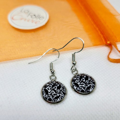 Boucles d'oreilles pendantes cabochon verre motif chat noir