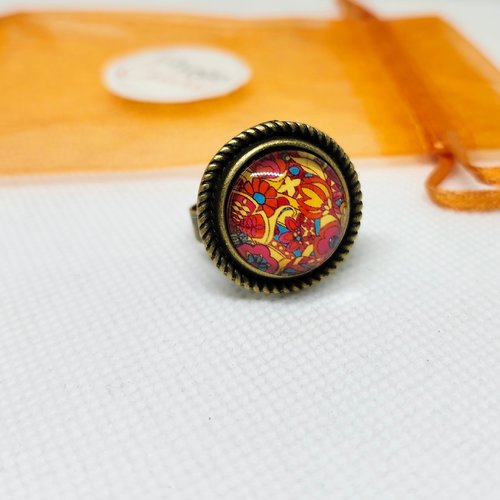 Bague ajustable fantaisie couleur bronze cabochon verre motif floral vintage