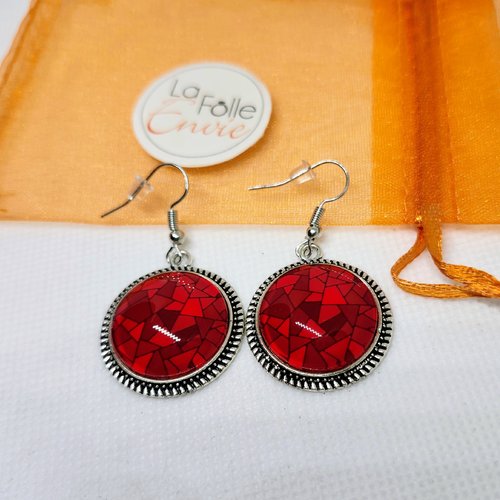 Boucles d'oreilles pendantes cabochon verre motif esprit mosaïque rouge