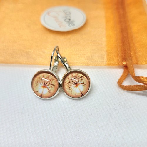 Boucles d'oreilles dormeuses argent cabochon verre motif dandelion et coucher de soleil