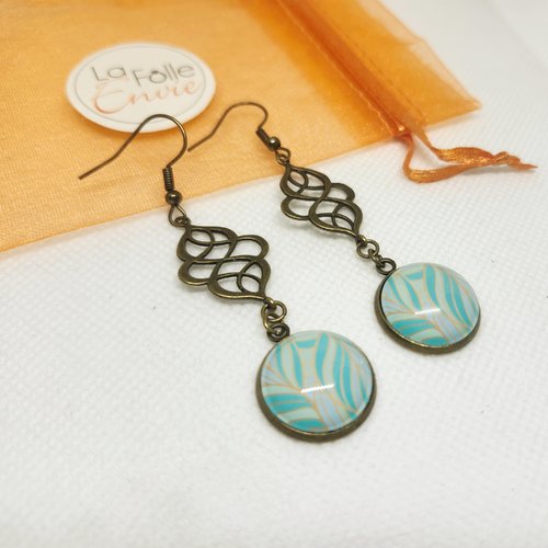 Boucles d'oreilles pendantes avec breloque cabochon verre  motif effet feuillage