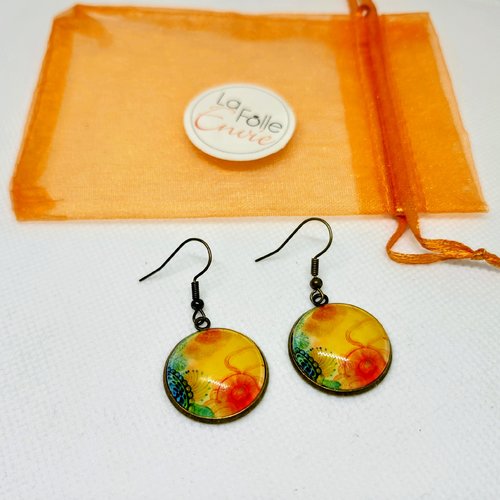 Boucles d'oreilles pendantes cabochon verre  motif floral orangé vert