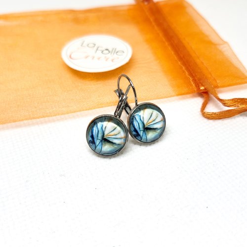 Boucles d'oreilles dormeuses cabochon verre motif dessin de fleurs