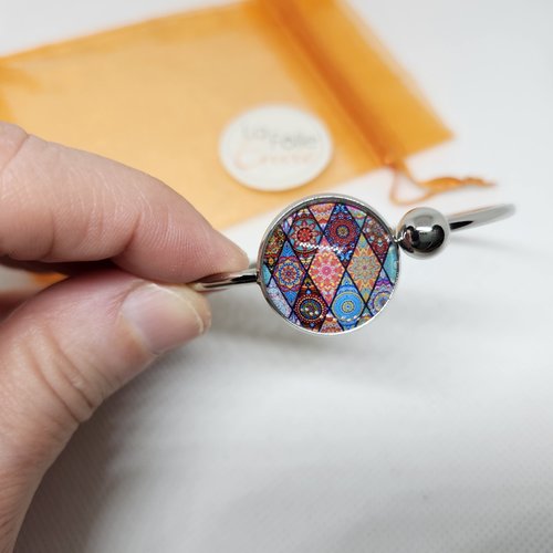 Bracelet acier inoxydable et cabochon verre motif géométrique coloré