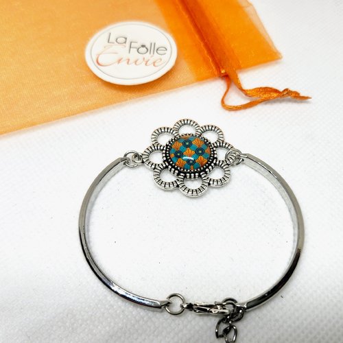 Bracelet fleur acier inoxydable et cabochon verre motif esprit wax