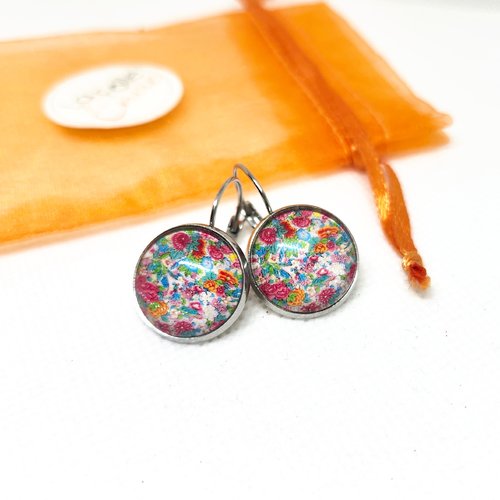 Boucles d'oreilles dormeuses cabochon verre motif fleuri esprit liberty