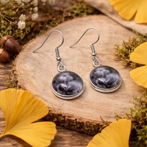 Boucles d'oreilles pendantes cabochon verre motif nature noir et blanc