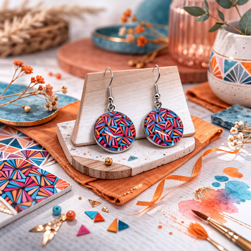 Boucles d'oreilles pendantes cabochon verre motif esprit rosace colorée