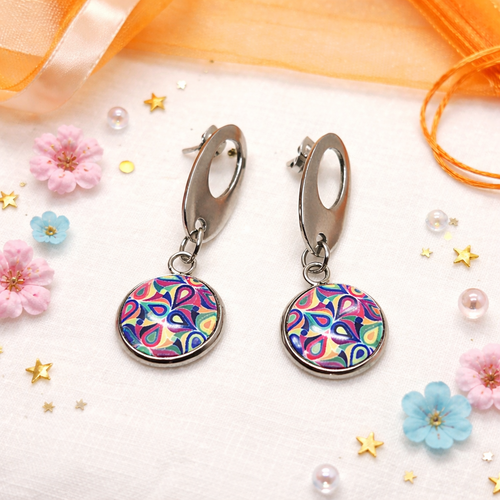 Boucles d'oreilles pendantes cabochon verre motif esprit rosace colorée