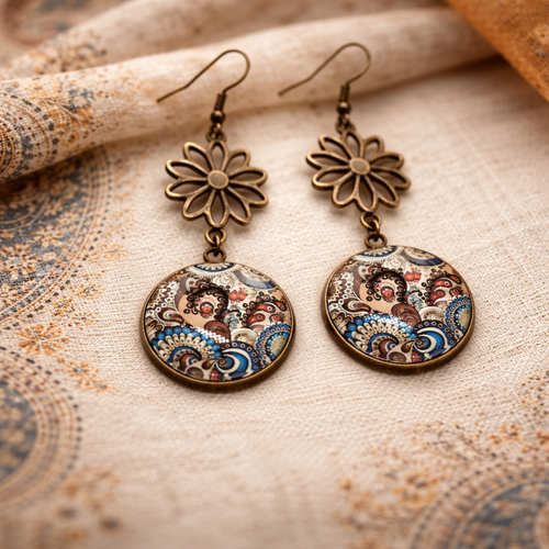 Boucles d'oreilles pendantes avec breloque cabochon verre  motif esprit bohème