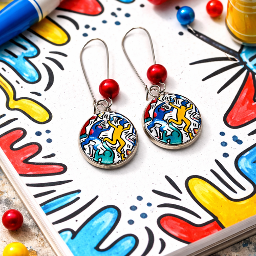 Boucles d'oreilles pendantes cabochon verre motif esprit keith haring