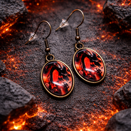 Boucles d'oreilles bronze pendantes cabochon verre motif abstrait orangé