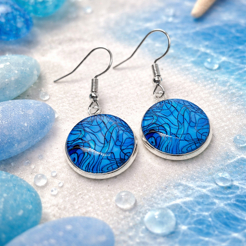 Boucles d'oreilles pendantes cabochon verre motif abstrait bleu