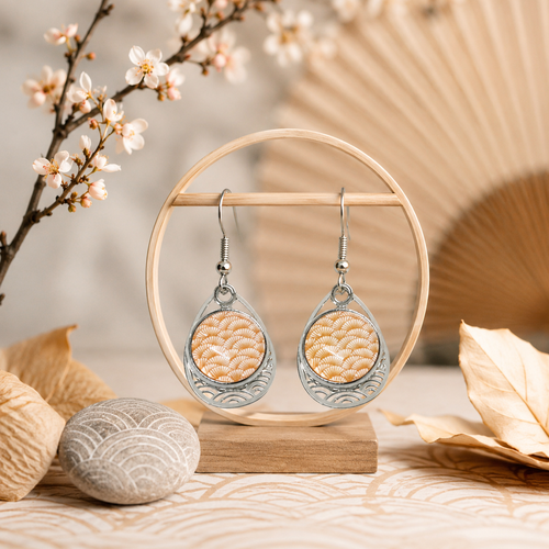 Boucles d'oreilles pendantes breloque cabochon verre motif japonais seigaiha