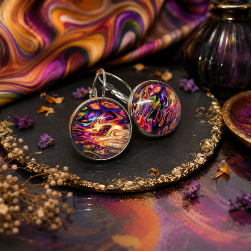 Boucles d'oreilles dormeuses dépareillées cabochon verre esprit motif esprit psychédélique