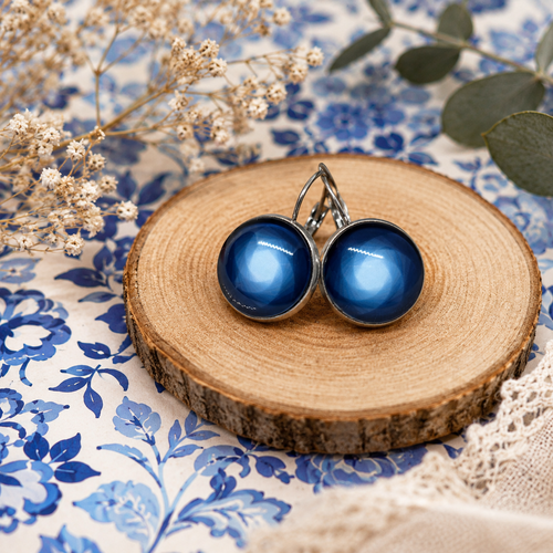 Boucles d'oreilles dormeuses cabochon verre esprit motif spirale vortex bleu