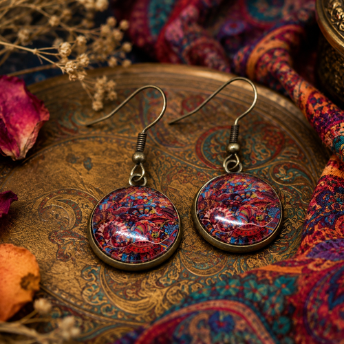 Boucles d'oreilles pendantes cabochon verre motif bohème