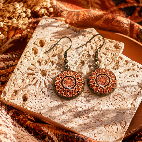 Boucles d'oreilles pendantes cabochon verre motif mandala rosace