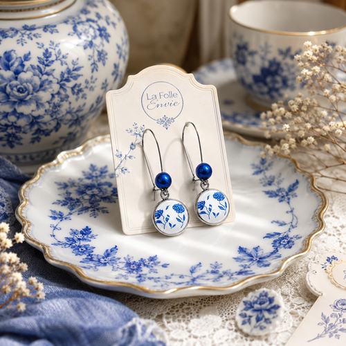 Boucles d'oreilles pendantes cabochon verre motif floral bleu et blanc