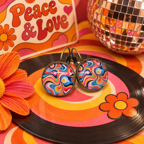 Boucles d'oreilles dormeuses cabochon verre esprit motif psychédélique