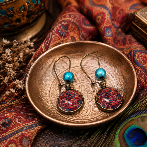Boucles d'oreilles pendantes cabochon verre motif bohème