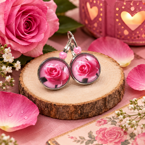 Boucles d'oreilles dormeuses cabochon verre motif roses roses