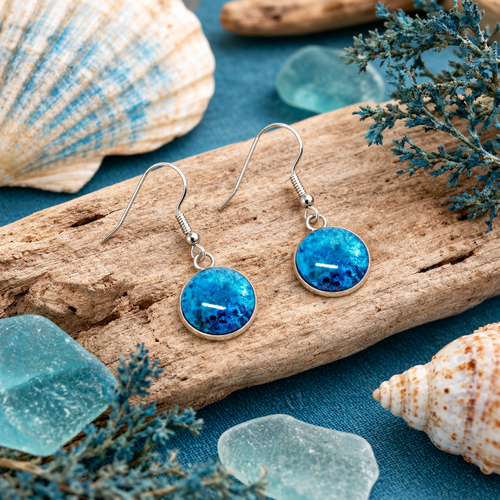 Boucles d'oreilles pendantes cabochon verre motif bleu