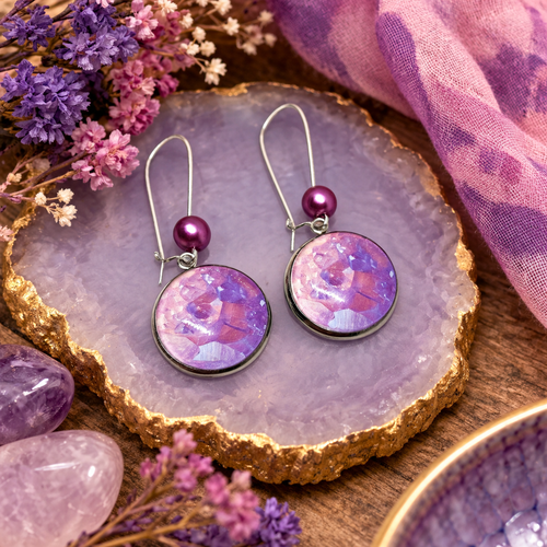 Boucles d'oreilles pendantes cabochon verre motif cristaux roses