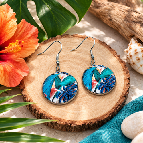 Boucles d'oreilles pendantes cabochon verre motif feuillage monstera