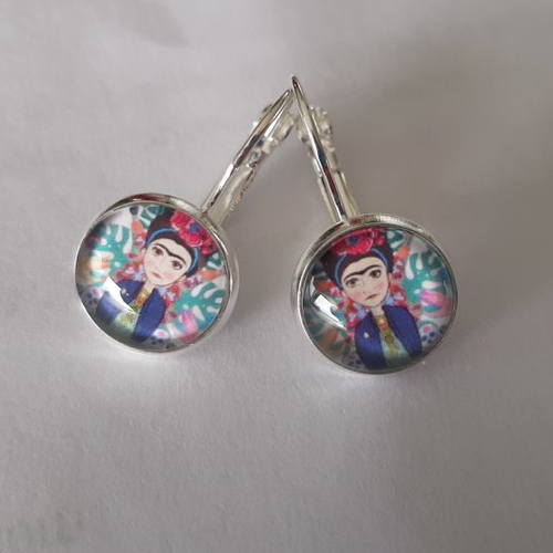 Boucles d'oreilles cabochon verre  motif frida kahlo