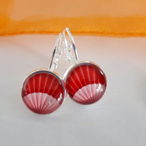 Boucles d'oreilles dormeuses argent cabochon verre motif éventail japonais rouge