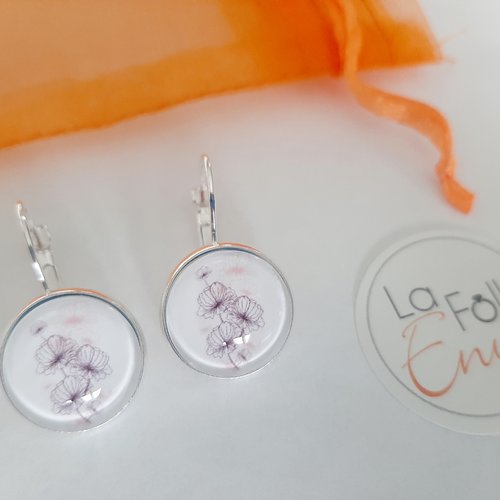 Boucles d'oreilles dormeuses argent cabochon verre motif dessin de coquelicots