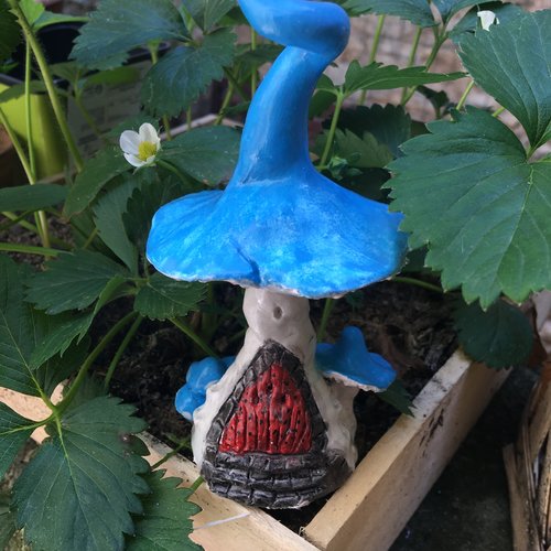 Maison de fée, de lutin en forme de champignons aux chapeaux bleus