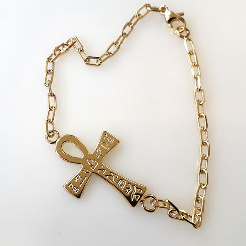 Bracelet croix de vie avec hiéroglyphes plaqué or