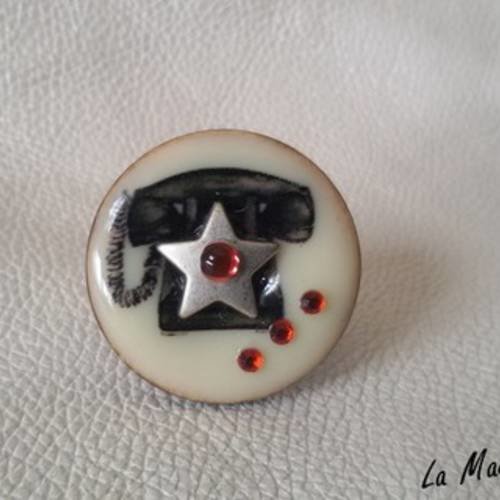 Bague boutons -  bijou artisanal - boutons noix de coco émaillé thème téléphone, bouton métal étoile, cabochon