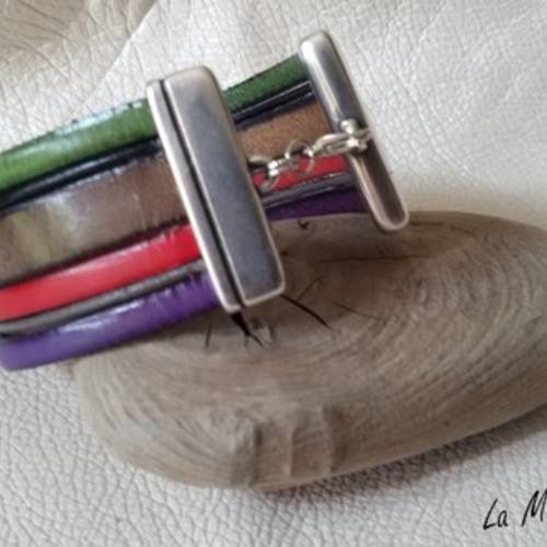 Nouveauté réservée ❊ - bracelet - manchette en cuir véritable vert, taupe, rouge, violet, beige, bleu marine -  fermoir argenté...