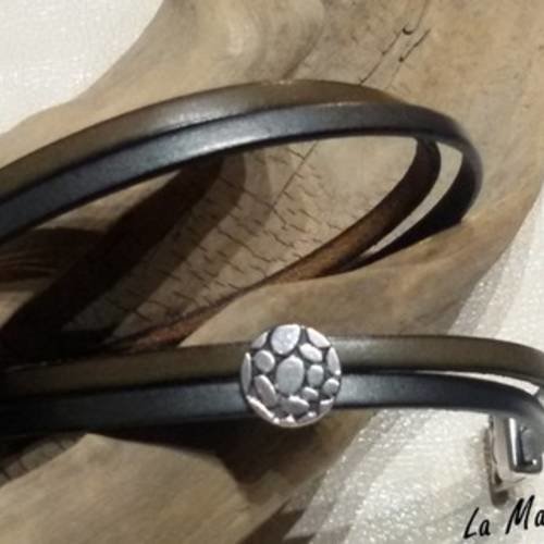 Nouveauté réservée ❊ - bracelet double tour - manchette en cuir véritable - fermoir aimanté argent zebré, passant rond...