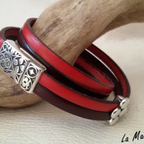 Nouveauté réservé ❊ - bracelet double tour - manchette en cuir véritable - fermoir aimanté argent gravé , passant losange...