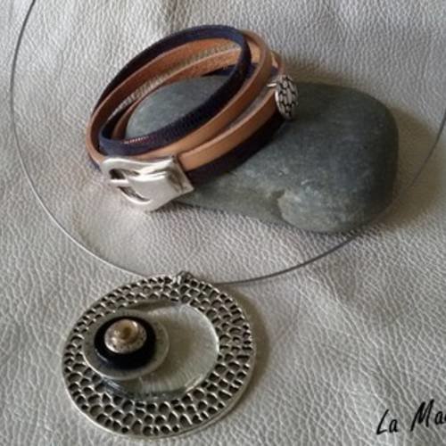 Nouveauté ❊ parure artisanale - collier verre ras du cou, bracelet double tour, manchette en cuir véritable - commande spéciale...