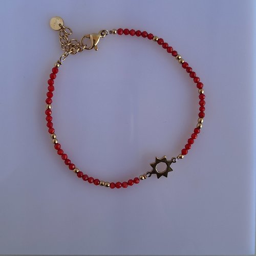 Bracelet acier inoxydable doré, perles rouges