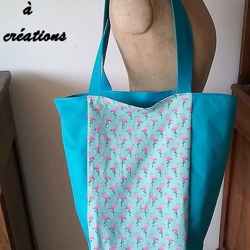 Sac cabas de plage ou de courses turquoise motif flamands roses