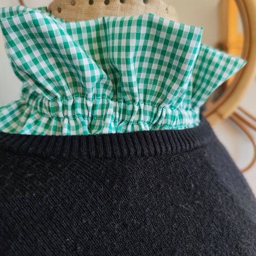 Col victorien froncé amovible motif vichy vert et blanc