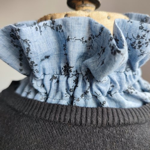Col victorien froncé amovible fond bleu gris motif fleurs noires