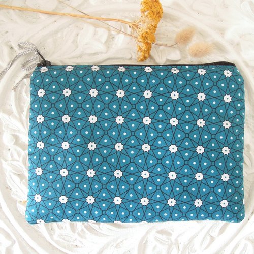 Pochette plate | trousse zippée | pochette main | rangement sac | motif azulejos | 21*16