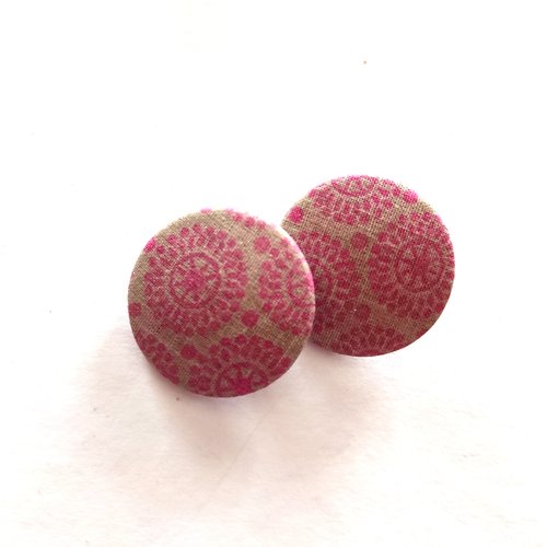 Boutons 28 mm x 2 recouverts de tissu beige motifs rose